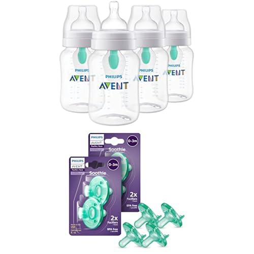 Bundle of Philips Avent Anti-Colic Baby Bottle with AirFree Vent, 9oz, 4pk, Clear, SCY703/04 + Philips Avent Soothie 0-3 Months Orthodontic Baby Pacifiers, BPA-Free, Green, 4 Pack, Model SCF190/41
