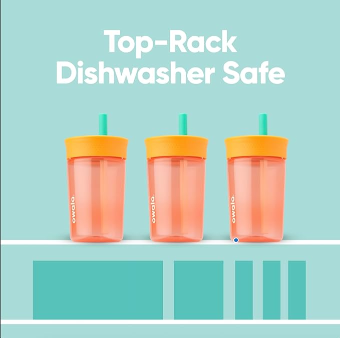 Owala Kids BPA-Free Plastic Tumbler with Spill Resistant Flexible Straw, Easy to Clean, Kids Water Bottle, Great for Travel, Dishwasher Safe, 15 Oz, Orange and Peach (Watermelon)