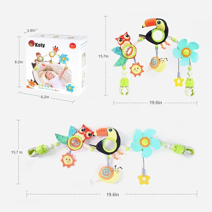 Koty Baby Stroller Arch Toy with Teether, Rattle, Crinkle Sound, Mirror & Music Box, Newborns Sensory Activity Carrier Take-Along Toy, Adjustable for Bouncers, Car Seat & Pram 0M+(Toucan)