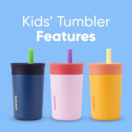 Owala Kids Insulation Stainless Steel Tumbler with Spill Resistant Flexible Straw, Easy to Clean, Kids Water Bottle, Great for Travel, Dishwasher Safe, 12 Oz, Navy and Blue (Home Base)