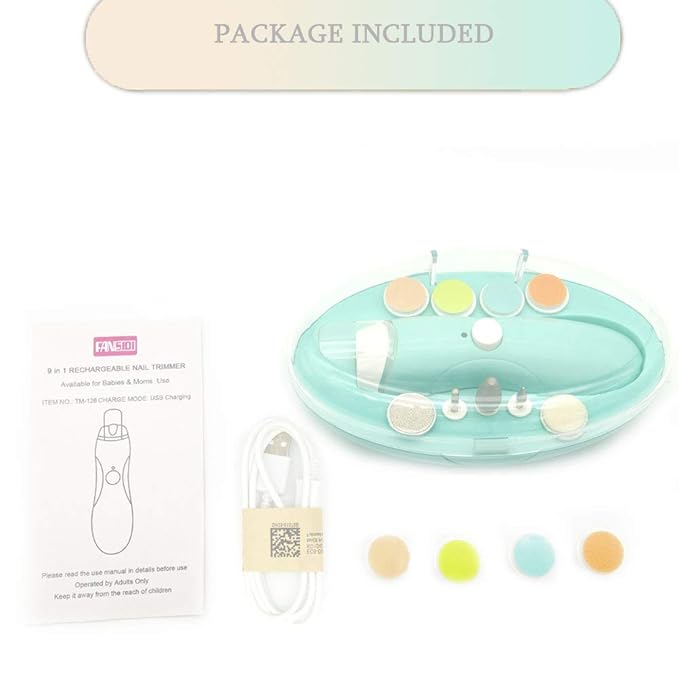Rechargeable Baby Nail File, Fansidi Electric Baby Nail Trimmer for Newborn Infant or Toddler Toenail and Fingernail - Girls and Boys Accessory - Extra Replacement Pads Included (Blue)