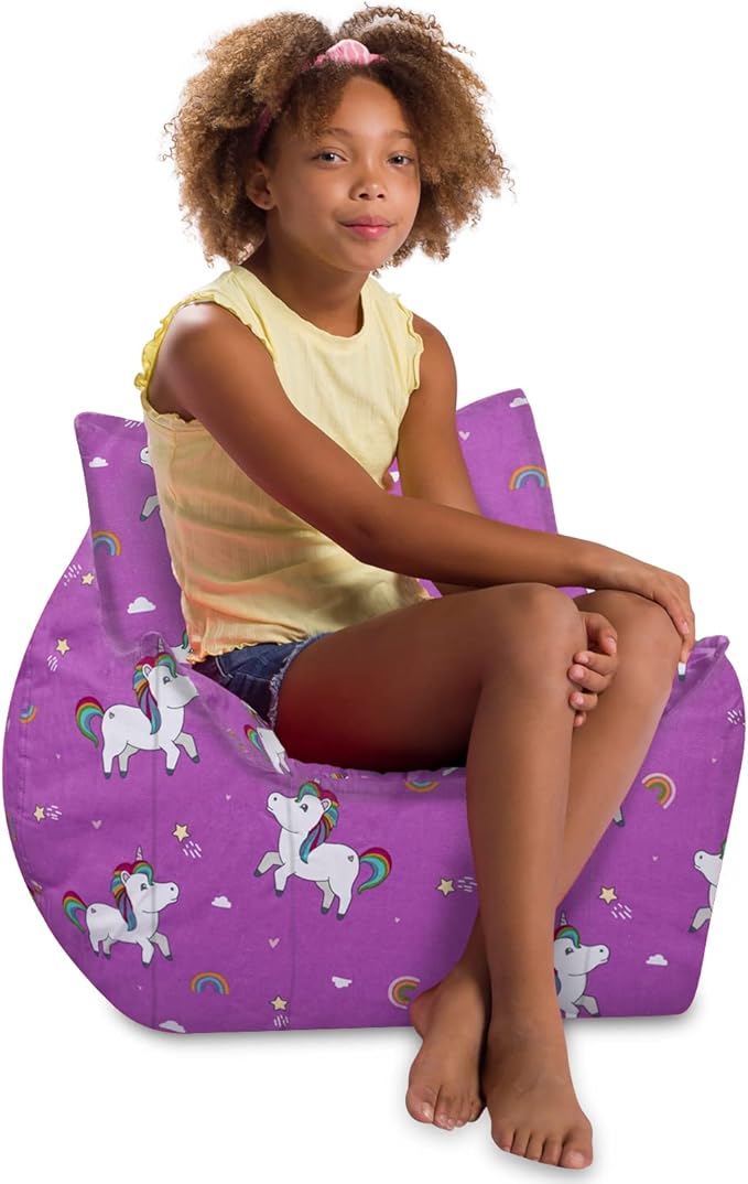 Posh Creations Structured Comfy Bean Bag Chair for Gaming, Reading, and Watching TV, Newport Chair, Canvas - Unicorn and Rainbows on Purple