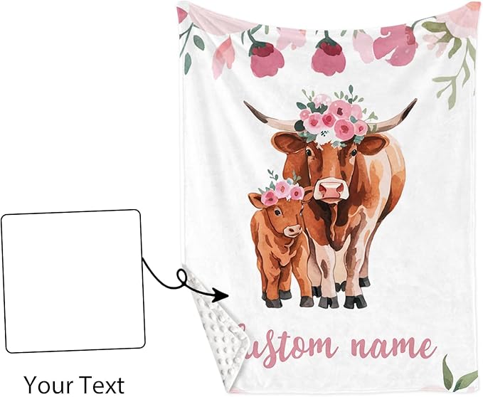 Custom Name Crib Bedding Set - Highland Cow Theme, Personalized Pink Flower Nursery Bedding 3-Piece Set– Soft Blanket, Fitted Sheet, Changing Pad Cover – for Newborns Girls Nursery Gifts