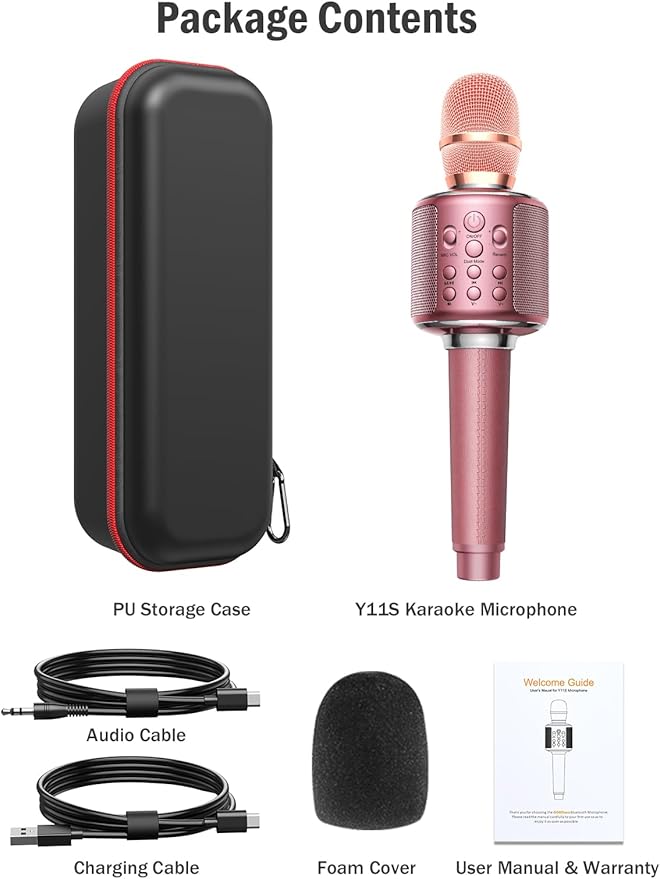 Wireless Bluetooth Karaoke Microphone, Built-in Loud Speaker for 10H Playback, Add Reverb/Duet Mode/Earbuds Monitoring, Portable Karaoke Machine for Entertainment & Singing Practice (Rose Gold)
