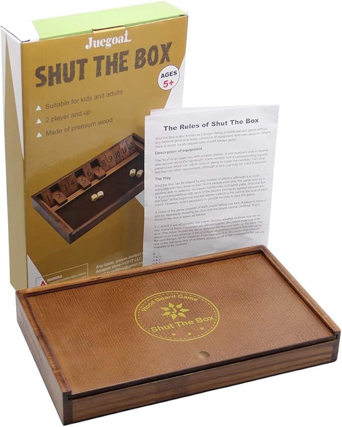 Juegoal Shut The Box Wooden Board Dice Game with 12 Numbers and Lid for Kids Adults Families, 2 Players and Up