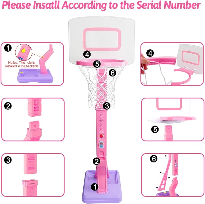 Toddler Pink Basketball Hoop Indoor Outdoor Age 1-3, Adjustable Kids Basketball Hoop with 3 Balls Backyard Outside Girls Basketball Goal Sport Toys for 1 2 3 4 Year Old Baby Girl Birthday Gifts