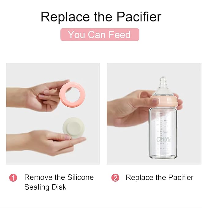 COMI Wide Neck Glass Breastmilk Collection n Storage Bottle, 8oz with Screw Ring Sealing Disk; Re-markable Sealing Disc. BPA Free, Fits Breast Pumps & Nipples (2 Pink Lids)