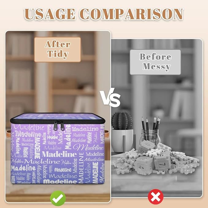 Custom Storage Basket with Name, Personalized Storage Bins with Zipper Lid, Foldable Fabric Storage Box Large capacity with Handle Purple