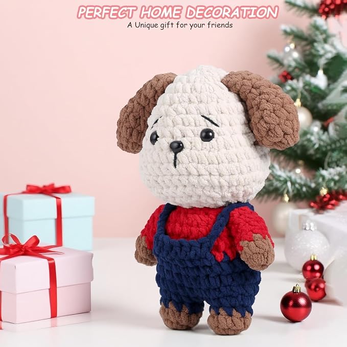 Crochet Animal Kit – 10in Adorable DOG, Amigurumi Crochet Kit For Intermediate Advanced Level, Kids Knitting Kit With Detailed Videos Tutorials, Yarn, Crochet Hook, Best Gift For Crochet Lovers(DOG)
