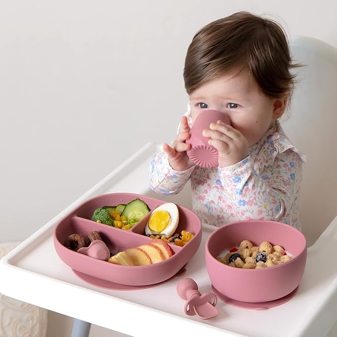 SAMiGO Silicone Baby Feeding Set, Baby Led Weaning Supplies, Suction Bowl Plate Bib Cup Self Feeding Spoons, Solid Food Eating Essentials, First Stage Utensils, 6+ Months