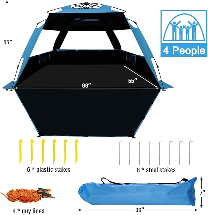 WhiteFang Deluxe Pop Up Beach Tent Sun Shade Shelter for 3-4/5-6 Person, UV Protection, Extendable Floor with 3 Ventilating Windows Plus Carrying Bag, Stakes, and Guy Lines