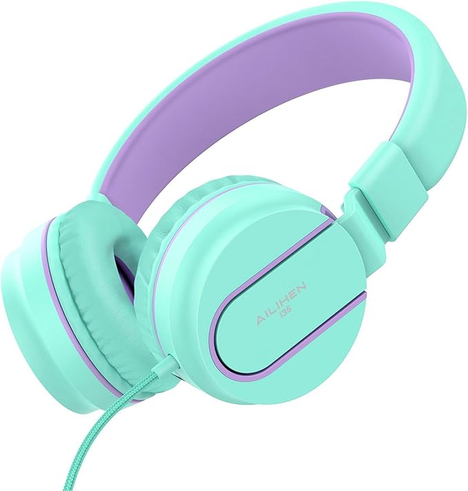 Kids Headphones, AILIHEN I35 On-Ear Headphones for School, 93dB HD Mic Stereo Headphone for Kid Girls Children, Foldable Wired 3.5mm for Chromebook, Laptop, Computer, Tablet (Green Purple)