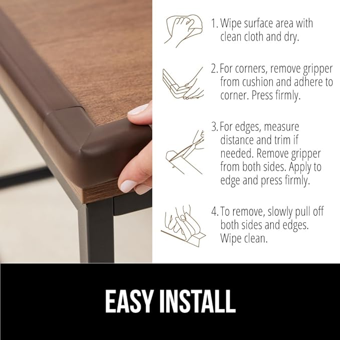 GORILLA GRIP Baby Proof Corners and Edges for Furniture, Kid Proofing Adhesive Table Corner Protectors, Heavy Duty Soft Rubber Foam Protection, Includes 8 Protective Safety Guards, 15 Feet, Brown