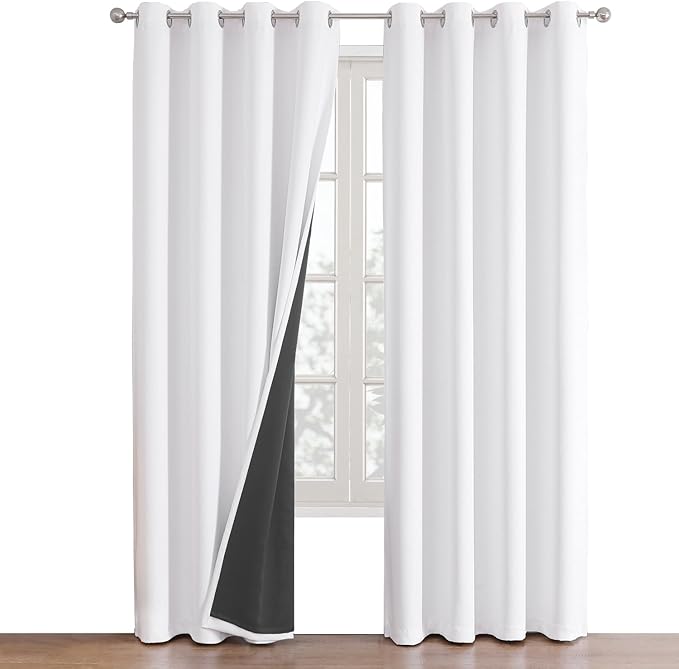 ChrisDowa White 100% Blackout Curtains for Bedroom with Black Liner, 2 Thick Layers Total Blackout Thermal Insulated Grommet Long Window Curtains 2 Panels Set (Pure White, 52 x 95 Inch)