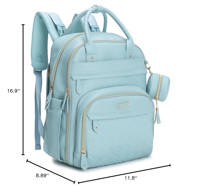 BabbleRoo Leather Diaper Bag Backpack - Baby Essentials Travel Baby Bag, Multi function, Waterproof, with Changing Pad, Stroller Straps & Pacifier Case – Unisex, Powder Blue