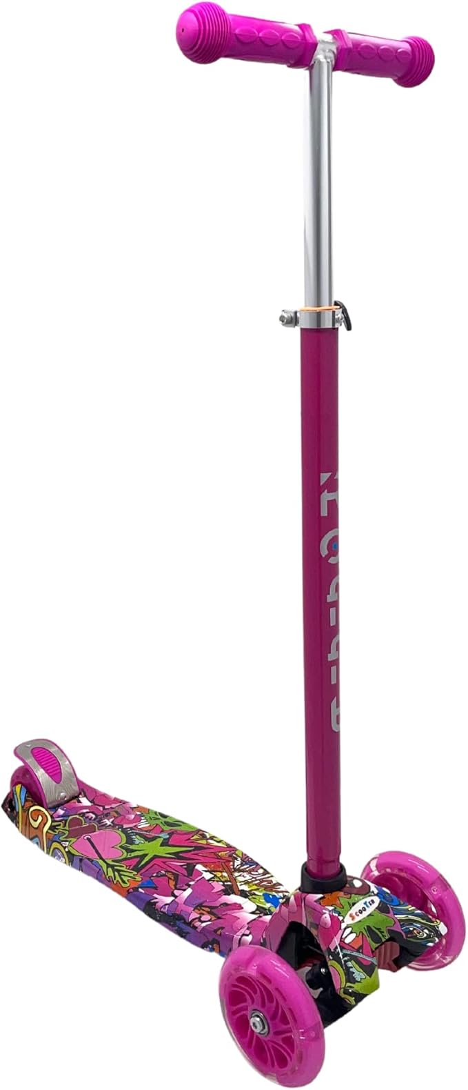 Maxi Scooter for Kids Ages 6-12 Lean-to-Steer 3 Wheel Scooter for Kids Ages 6-12 PU Light-Up Wheels Kids Scooter Adjustable Height Light Weight Aluminum Scooters T-Bar Colorful Design Printed