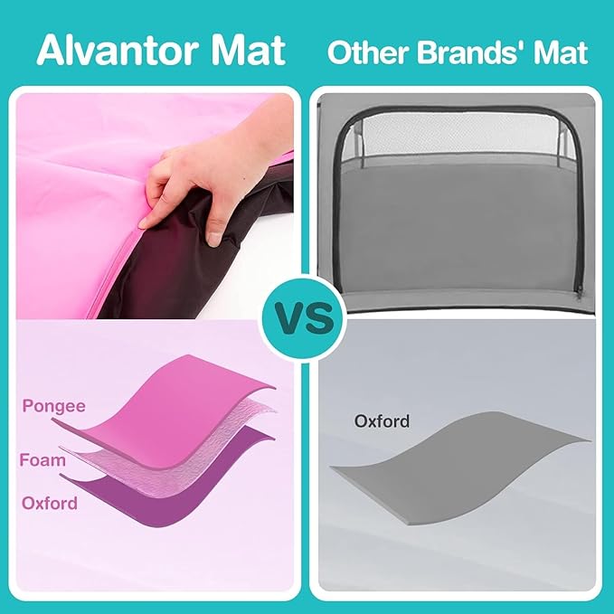 Alvantor Pop Up Playpen- 7'x7'x44”Baby Playpen Large Kids Play Tent Portable and Foldable Playpen Indoor/Outdoor Play Yard with Protective Mesh, UV SPF 50+ Sunshade, and Soft Foam Floor, Pink
