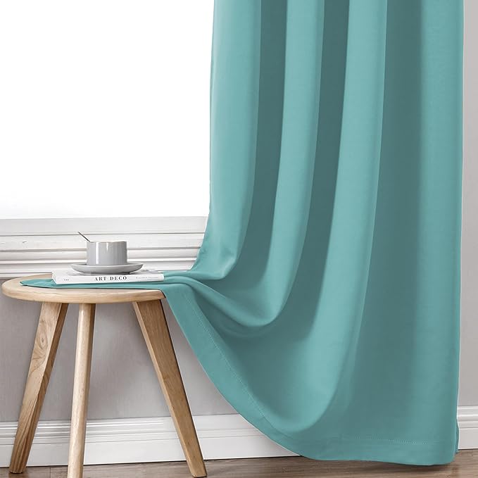 ChrisDowa 100% Blackout Curtains 80 inch Long for Bedroom with Black Liner, 2 Thick Layers Total Blackout Thermal Insulated Grommet Window Curtains 2 Panels Set (Aqua, 52 x 80 Inch)