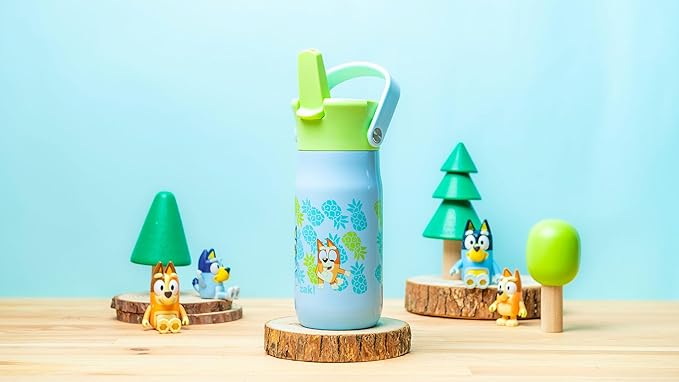 Zak Designs Harmony Bluey Kid Water Bottle for Travel or At Home, 14oz Recycled Stainless Steel is Leak-Proof When Closed and Vacuum Insulated (Bluey, Bingo, Muffin)