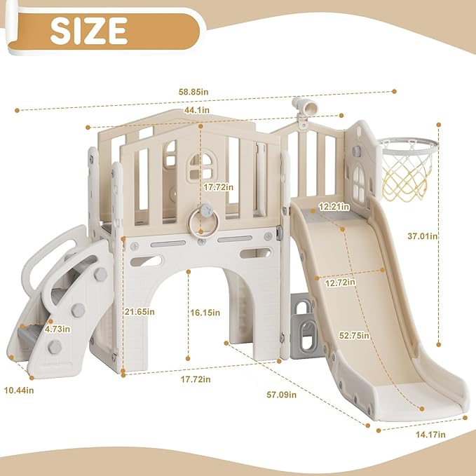 YUFU 8 in 1 Toddler Slide Set, Kids Slide for Toddlers Age 1-3, Toddler Playset with Climber, Basketball Hoop and Ball, Outdoor Indoor Playground for Toddlers 1-3 (Beige+Coffee)