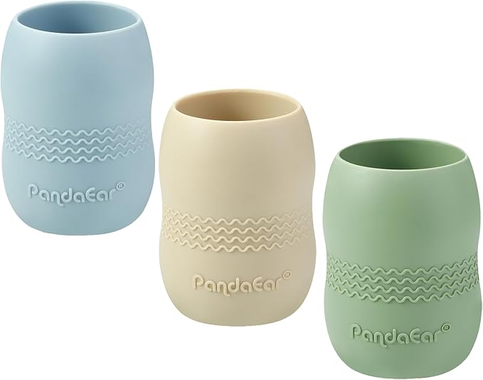 PandaEar 3 Pack 100% Tiny Silicone Drinking Training Cup for Baby and Toddler, Tiny Open Cups for Infants (Blue/Green/Tan)