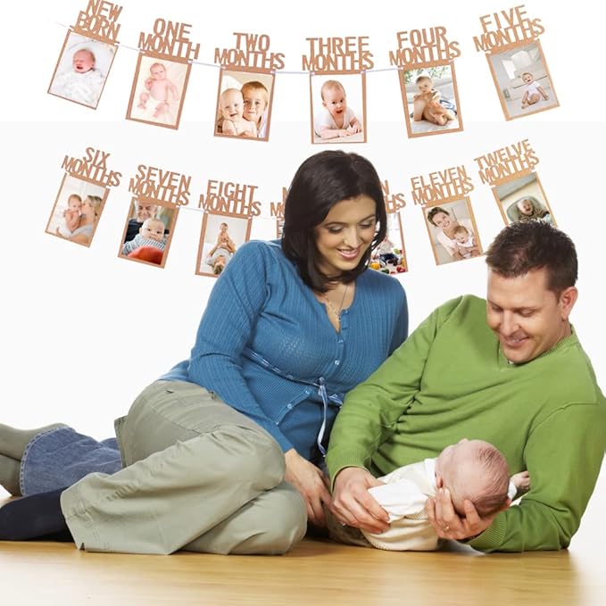 Monthly Photo Banner First Birthday Photo Banner for Newborn to 12 Months First Birth Decorations with Birthday Cake Topper & High Chair Banner