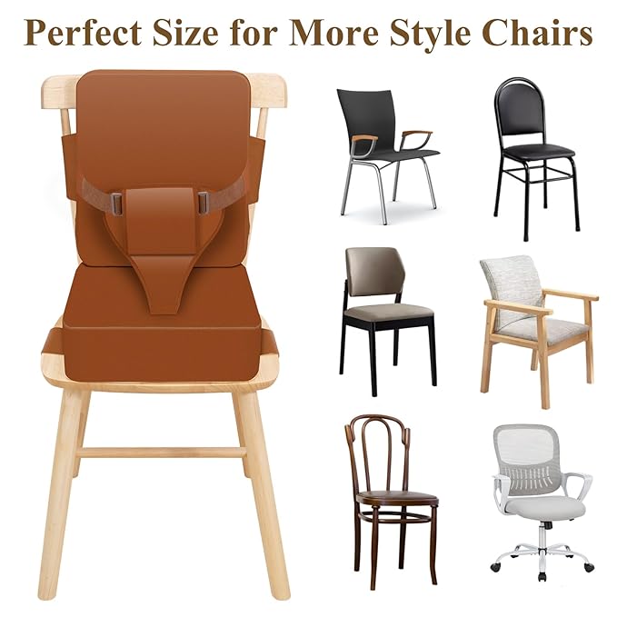 Toddler Booster Seat for Dining Table, Non-Slip Kitchen Chair Booster Seat with Backrest and Adjustable Straps, Portable PU Waterproof Travel Baby Booster Increasing Cushion