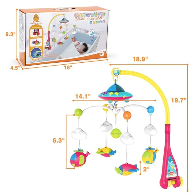 Mini Tudou Musical Baby Crib Mobile Toy with Lights and Music, Star Projector Function and Cartoon Rattles, Remote Control Musical Box with 108 Melodies, Toy for Newborn Sleep
