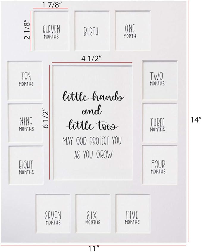 Rustic Red Door Co. Baby's First Year Picture Mat - Little Hands and Little Toes Photo Collage - No Frame - 13 Picture Slots - Newborn Birth to One Year Birthday - Watch Your Baby Grow (White Mat)