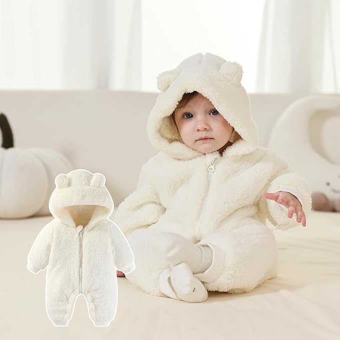 Newborn Baby Bear Outfit Suit Girls Boys Fleece Jumpsuit Romper Hooded Winter Snowsuit Clothes
