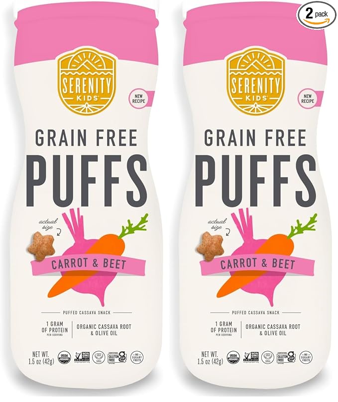 Serenity Kids 6+ Months Grain Free Puffs Toddler & Baby Snack | No Added Sugar, Gluten & Rice Free, Allergen Free | Made with Organic Cassava, Veggies, and Herbs | Carrot & Beet | 1 Count (Pack of 2)