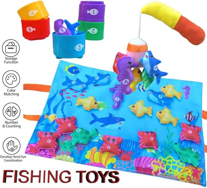 Toddler Montessori Toys Fishing Game with Stacking Cups Storage Bag Number Counting Color Sorting Shape Learning Toys Hand-Brain Coordination Sensory Ability for 1-3 Year Old Girl Boy Birthday Gifts