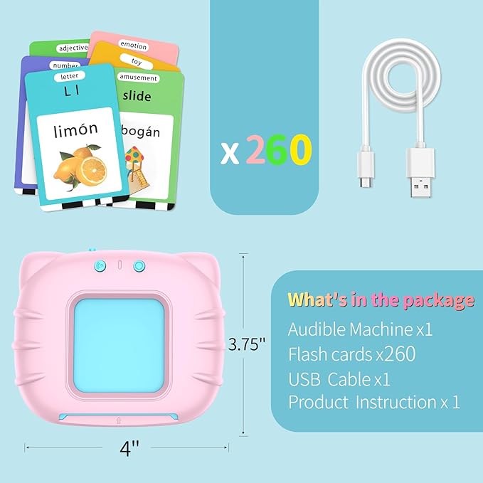 Bilingual Educational Toys, Spanish English 520 Sight Words Talking-Flash-Cards, Preschool-Learning-Activities, Montessori-Toys, Toddler Toys for 2 3 4 5 6 Year Old Boys and Girls, Pink