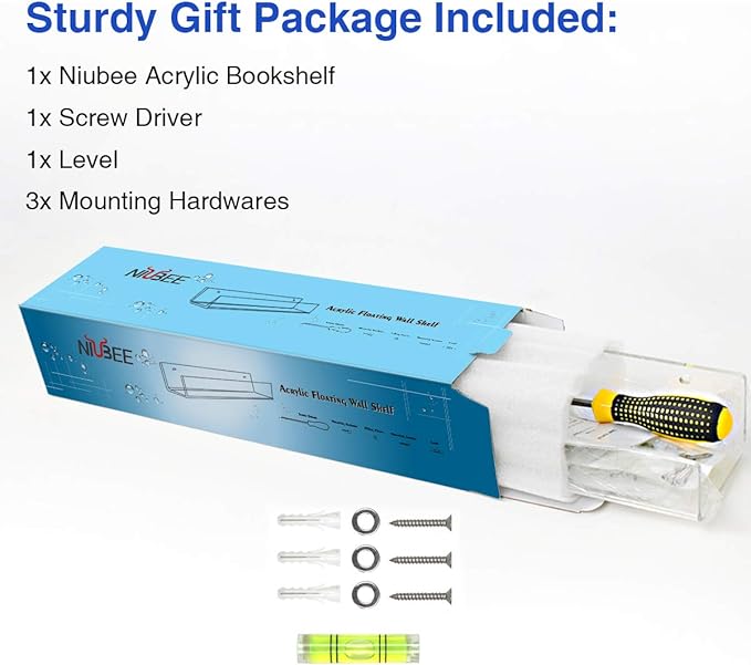 NIUBEE Acrylic Invisible Floating Bookshelf 24 inch,Kids Clear Wall Bookshelves Display Book Shelf,50% Thicker with Screwdriver