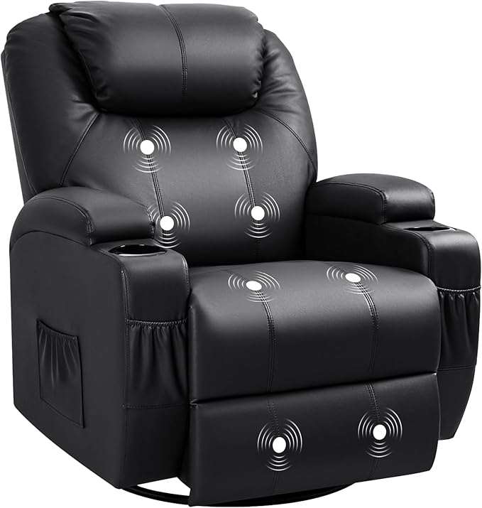 Recliner Chair, 360° Swivel Rocker Chair for Adults, Rocking Recliner Chair with Massage, Comfy Single Sofa with Side Pockets Cup Holders for Living Room, Bedroom, Nursery (Leather, Black)