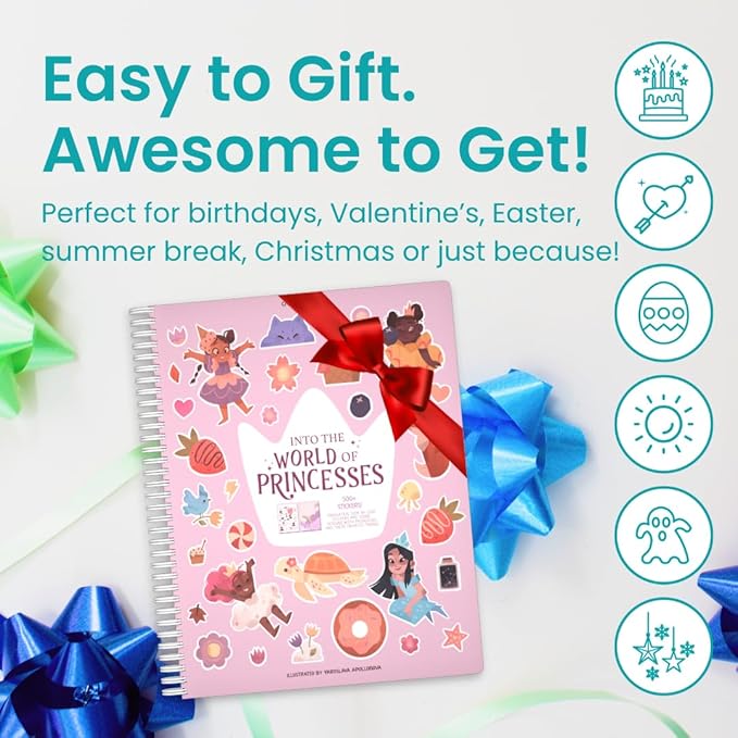 Princess Sticker Book Activity for Kids, World of Princesses by Cupkin, Toddler Airplane Travel Essentials, 500+ Stickers for Kids 12 Scenes + Coloring Book Pages, Girly Kid Gift, Crafts Ages 2-8