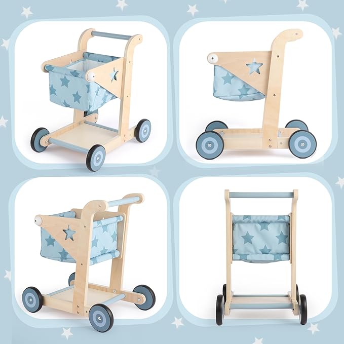 Asweets 2 in 1 Wooden Baby Walker Push and Pull Doll Stroller, Shopping Cart Learning Walker for Boys and Girls, Sit Stand Learning Toddler Toy (Blue)