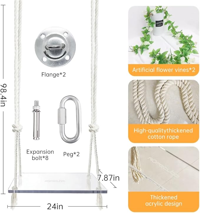 Transparent Acrylic Swing,Adjustable Rope Tree Swing Set for Kids & Adults 550 lbs Load Capacity Non-Slip Thickening Playground Swing Set Accessories Ideal for Indoor & Outdoor