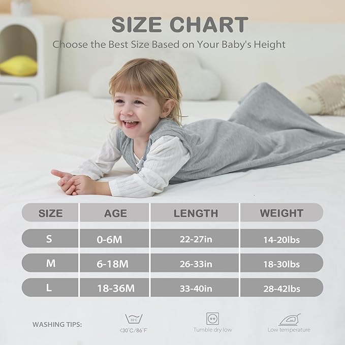 Mosebears Unisex Baby Sleep Sack 1.0 TOG, Supersoft Rayon Made from Bamboo Wearable Blanket with 2-Way Zipper (Grey,18-36 Months)
