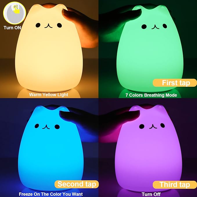 ZKLiLi cat Night Light, Cute Nursery Lights USB Rechargeable Cat Lamp Nightlight Birthday Christmas Gift with Warm White and 7-Color Breathing Modes for Kids Baby Children (USB Charging)