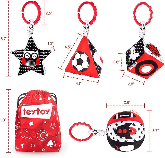 teytoy High Contrast Baby Stroller Toy, Black and White Infant Pattern Toys with Rattle, Easy Clip Hanging Toys, Stroller Crib Carseat Toy, Newborn Baby Toys for 0 3 6 9 12 Month