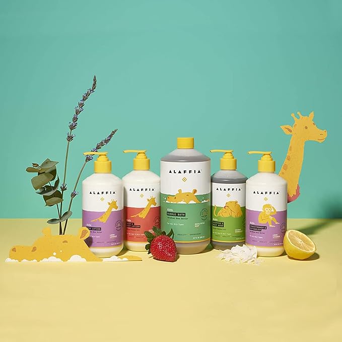 Alaffia Babies and Kids Shampoo and Body Wash, Gentle and Calming Support for Soft Hair and Skin with Shea Butter, Neem, and Coconut Oil, Fair Trade, Coconut Strawberry, 16 Fl Oz