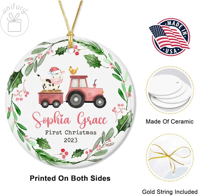 Unifury Personalized Baby First Christmas Ornament 2024, Adorable Keepsake for Babies First Christmas Tree, Holiday Decor for Celebrating Ceramic Babys 1st Christmas Ornament 2024, Farm Animal