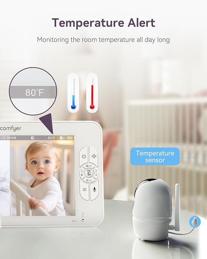 7" Split-Screen Baby Monitor with 2 1080P Cameras, 720P HD No WiFi Monitor with a Flexible Bracket, Video Baby Monitor with Camera and Audio, 2 Way Audio, Remote PTZ, Auto Night Vision