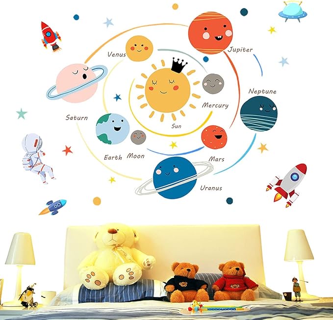 Space Planet Wall Decals Wall Stickers Kids,Cute Educational Wall Stickers for Daycare,Nursery,Playroom,Babyroom,Classroom,School.