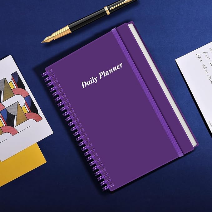 Daily Planner Undated - A5 To Do List Notebook Hourly Schedules, Spiral Appointment Planner for Women and Men, PVC Hardcover, Inner Pocket, Elastic Closure, 5.8" x 8.3", Purple