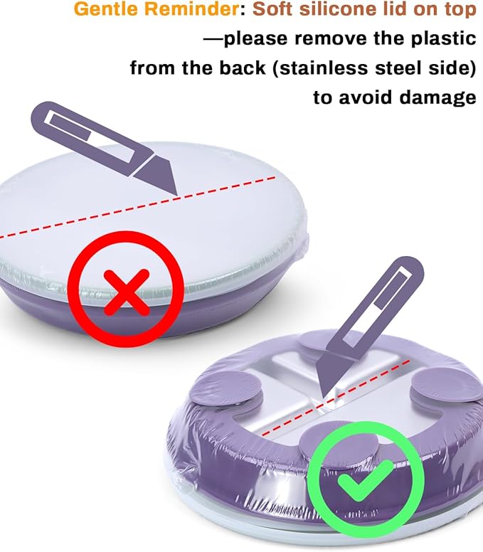 Stainless Steel Toddler Suction Plate with Lid, Deeper 9" Divided Plates with Removable Silicone Sleeves for Kids, Non Toxic & BPA Free | Unbreakable Baby Snack Dishes Set of 2, Green & Purple