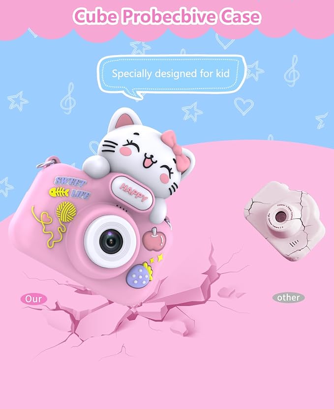 Video Kids Camcocrder, Kids Boys Digital Toddler Camera for 3 4 5 6 7 8 Years Old Birthday Gifts, 1080P Video Camera with Cute Protective Cover & 16GB TF Card, Pink