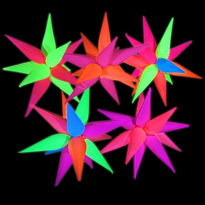 Mega-L Glow Glow in The Dark Party Supplies, 5 Pcs Neon Star Balloons Kit – Neon Foil Explosion & 12 pt Cone Balloons for Arches/Garlands. Perfect for Birthday, Wedding, Anniversary, Graduation Party