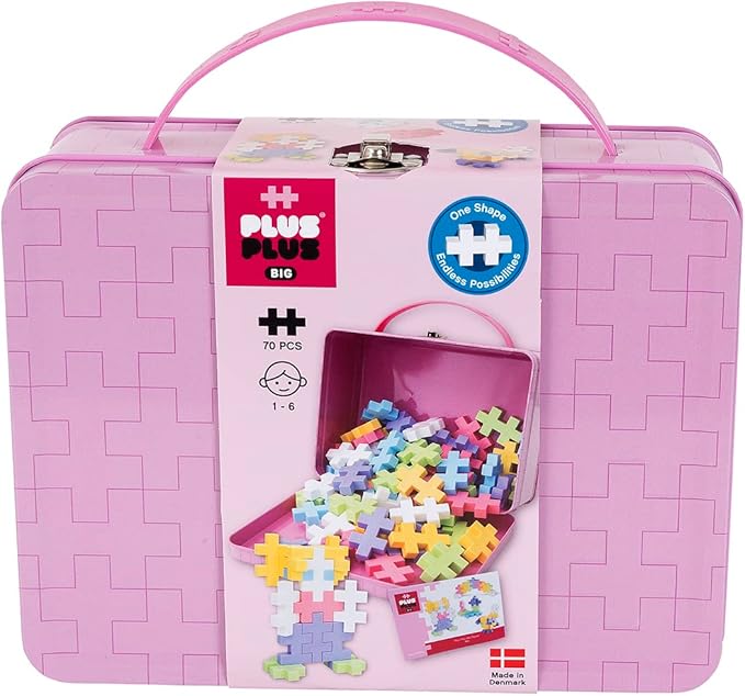 PLUS PLUS Building Set with Metal Suitcase, Open Ended Stem Toy for Toddlers and Preschool, 70 Big Pastel Interlocking Pieces